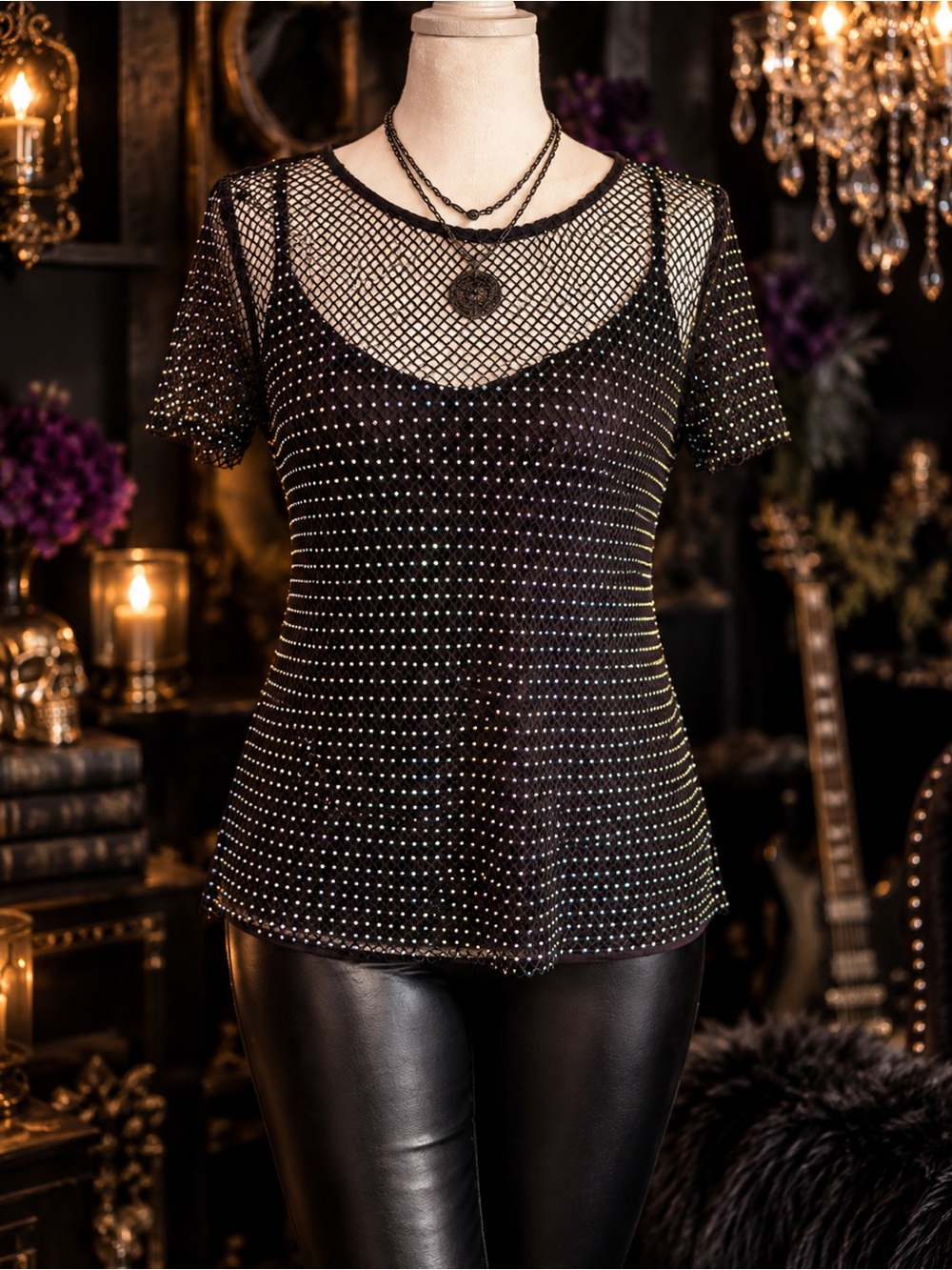 Rachel Zoe Black Rhinestone Mesh Short Sleeve Top